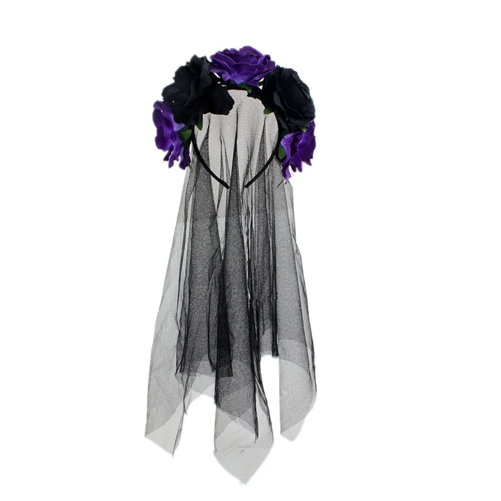 Golden Apple Women Flower Crown Headband Gothic Roses Bride Hairband with Veil Day of the Dead Halloween Cosplay (Black-Purple, L)