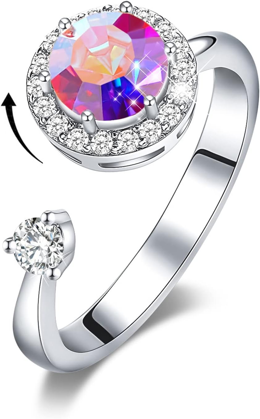 Bling TomanSpin Ring Women's Fidget Ring Adjustable Open Ring Discreet Calming Gift for Home/Office/School, Anxiety Spinner Ring Relieving Stress