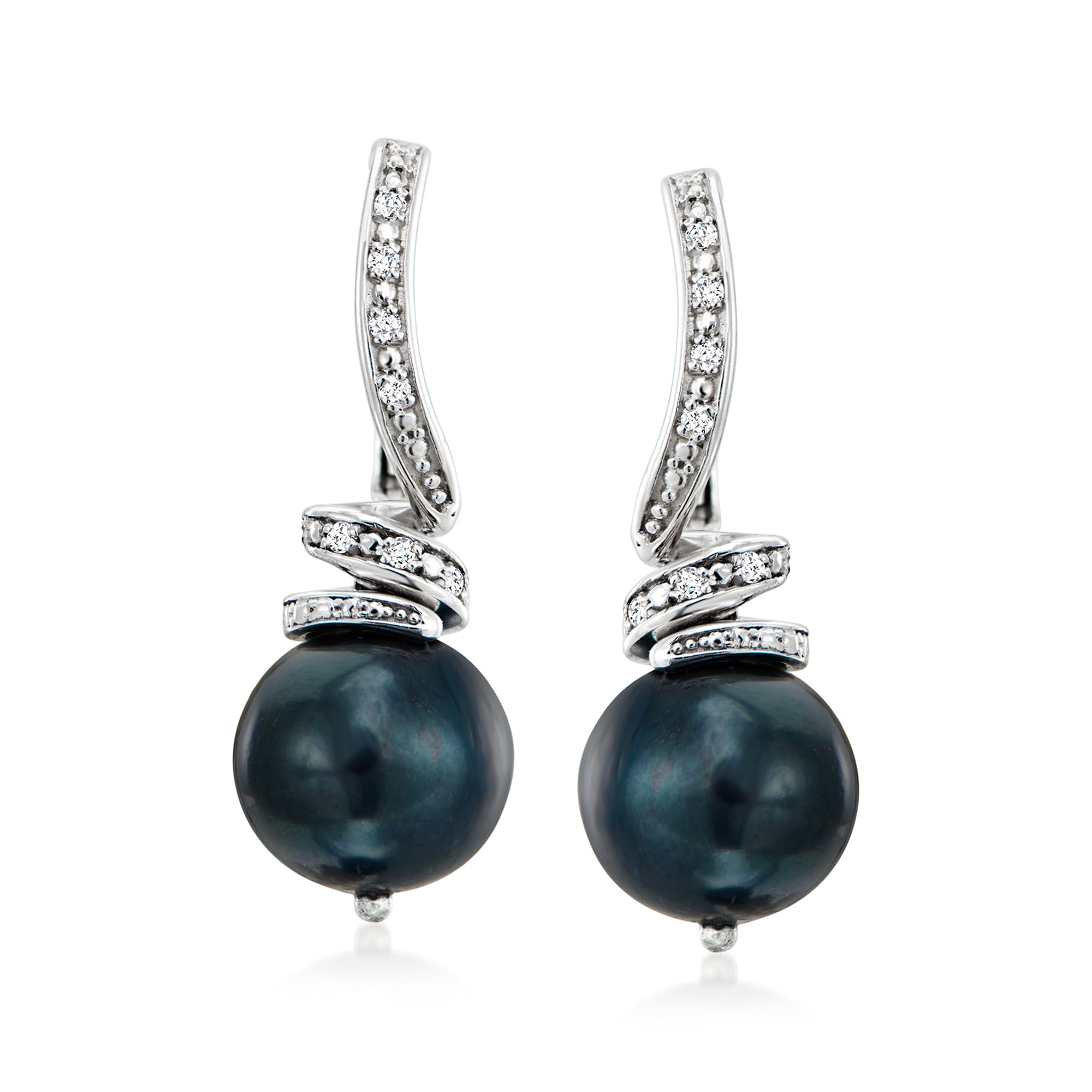 Ross-Simons 10-11mm Black Cultured Pearl and 10 ct t w Diamond Drop Earrings in Sterling Silver