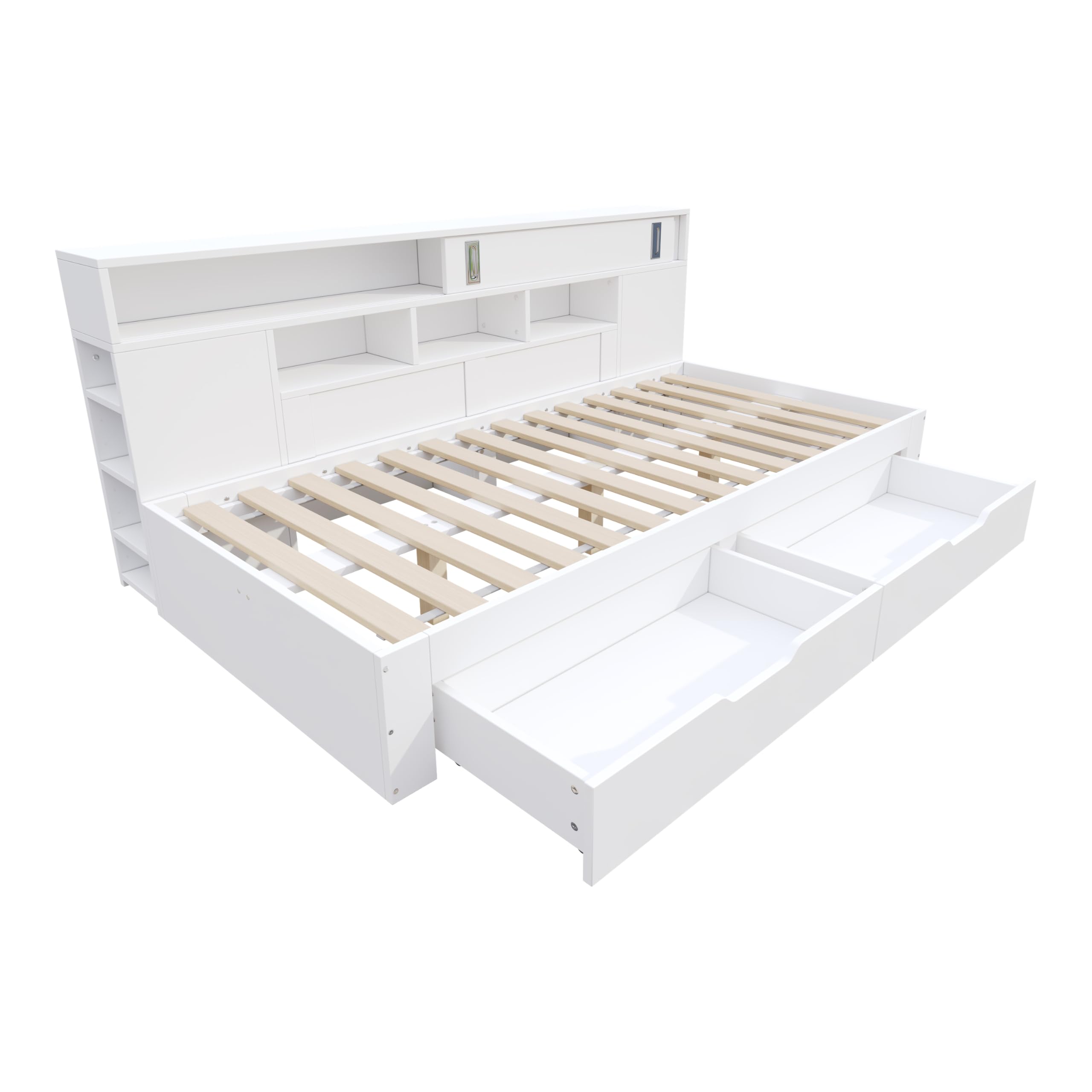 Letto per bambini 90x200, letto singolo con ripiani e armadio contenitore, letto contenitore con cassetti, struttura letto con rete a doghe, per adulti e ragazzi, senza materasso, bianco