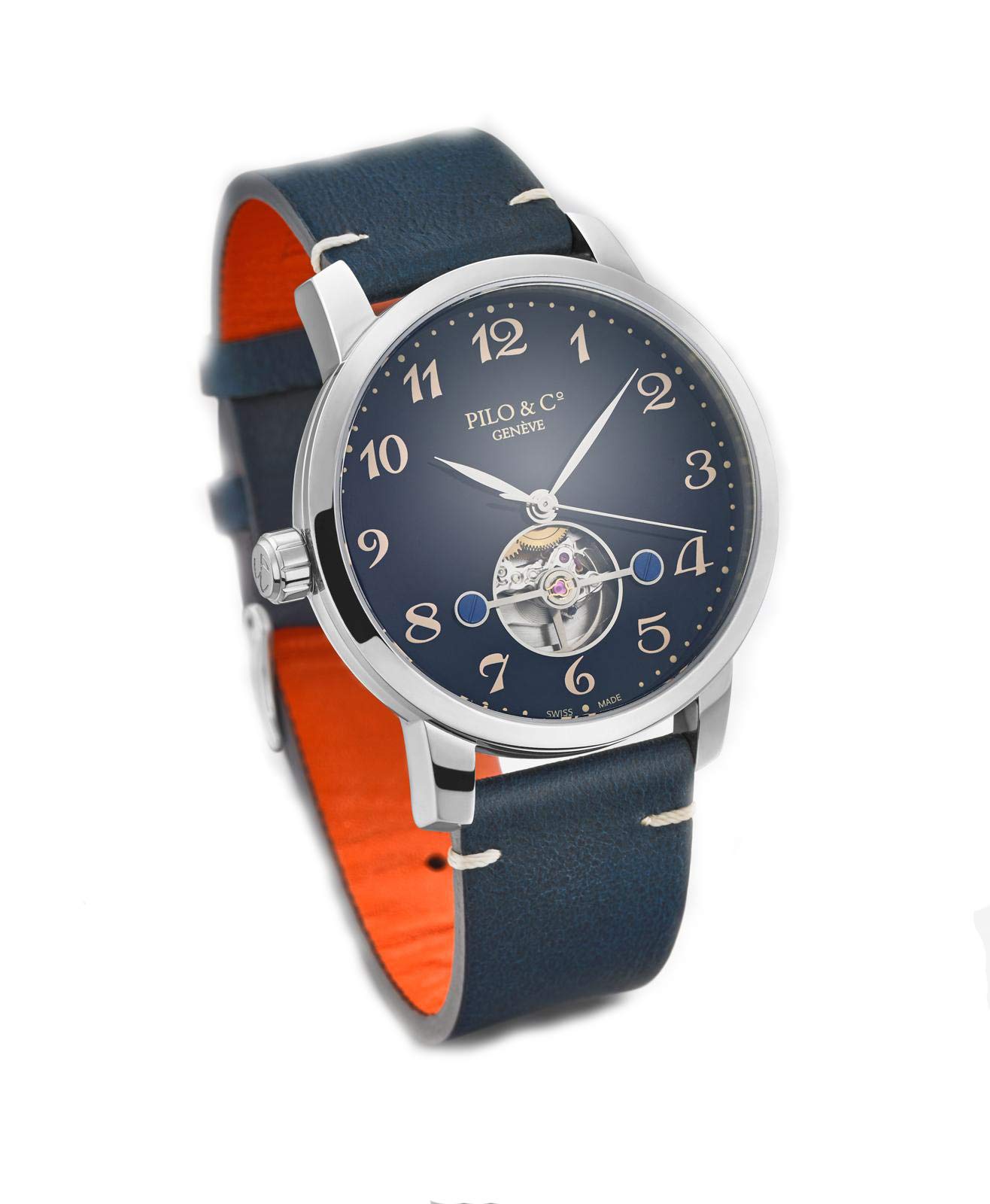 Pilo & CoTempo Swiss Automatic Watch P0565 Arabic Numbers Blue Leather Band Blue dial