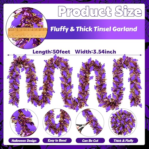 Image of 50 Ft Halloween Tinsel Garland, Mixed Color Glitter Tinsel Garlands with Purple Ghost Metallic Holiday Hanging Streamers for Halloween Indoor Outdoor Party Decor