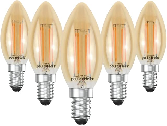 paul russells LED Filament Candle Light SES Small Edison Screw E14, 35w Equivalent 4W 380LM LED C35 Bulbs, 2200K Amber, Energy Saving NonDimmable Chandelier Lamps, Pack of 5