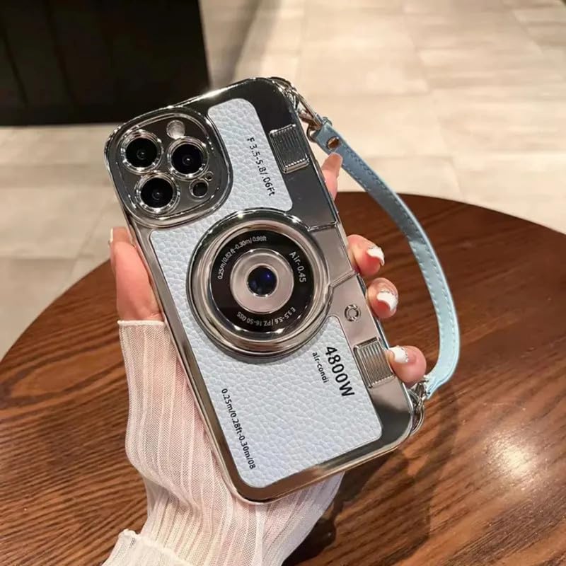 Image of LuxuryKase Retro Vintage Camera Style Case for iPhone 16 Pro Max | 3D Lens Design | Hand Strap | PU Leather Finish | Soft TPU Edge | Stylish Fashion Cover - Sierra Blue