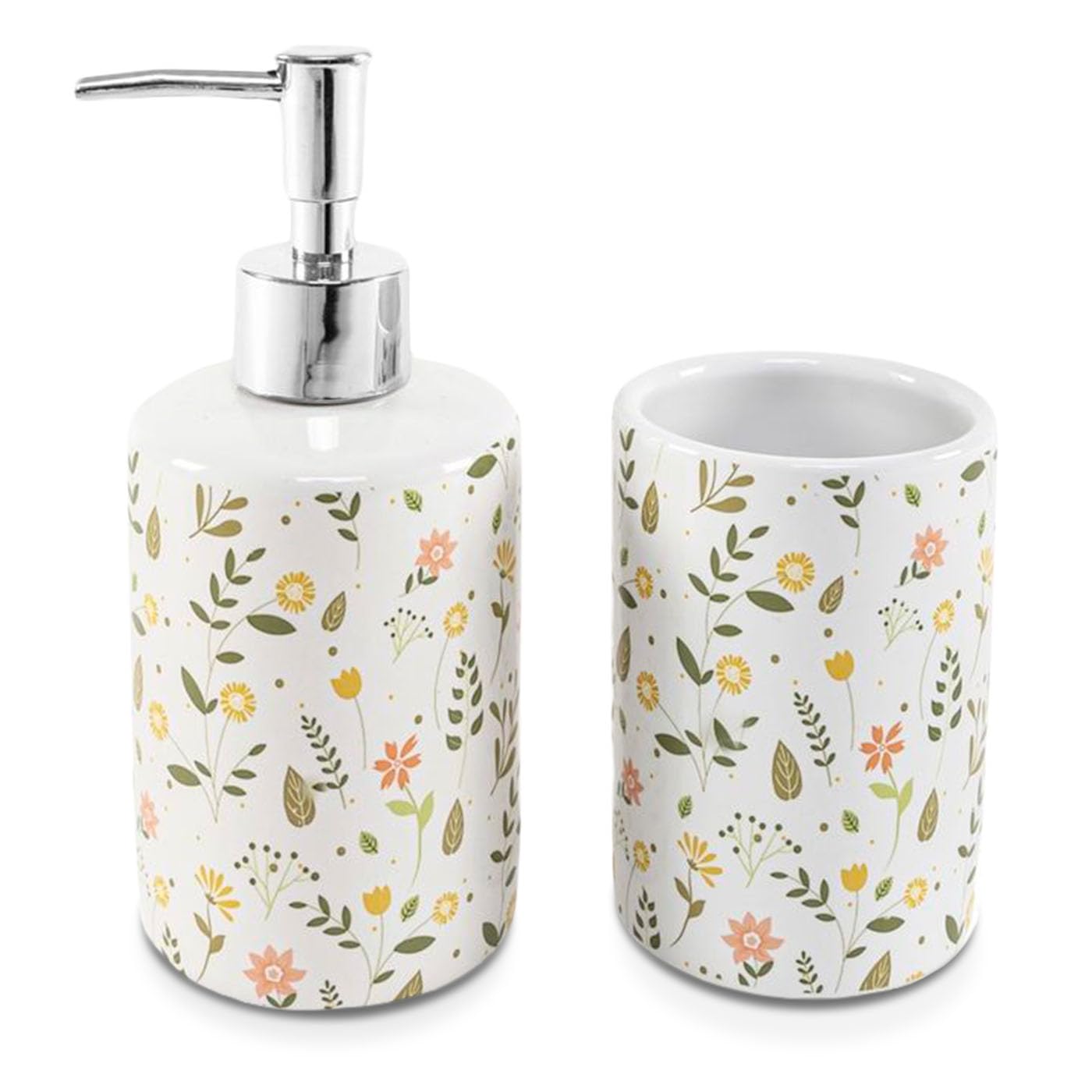 TIENDA EURASIA – Set de Baño | Dispensador de Jabón y Portacepillos | 7x16.8cm 7x10.5cm | Cerámica y Plástico Libre de BPA (Flores)