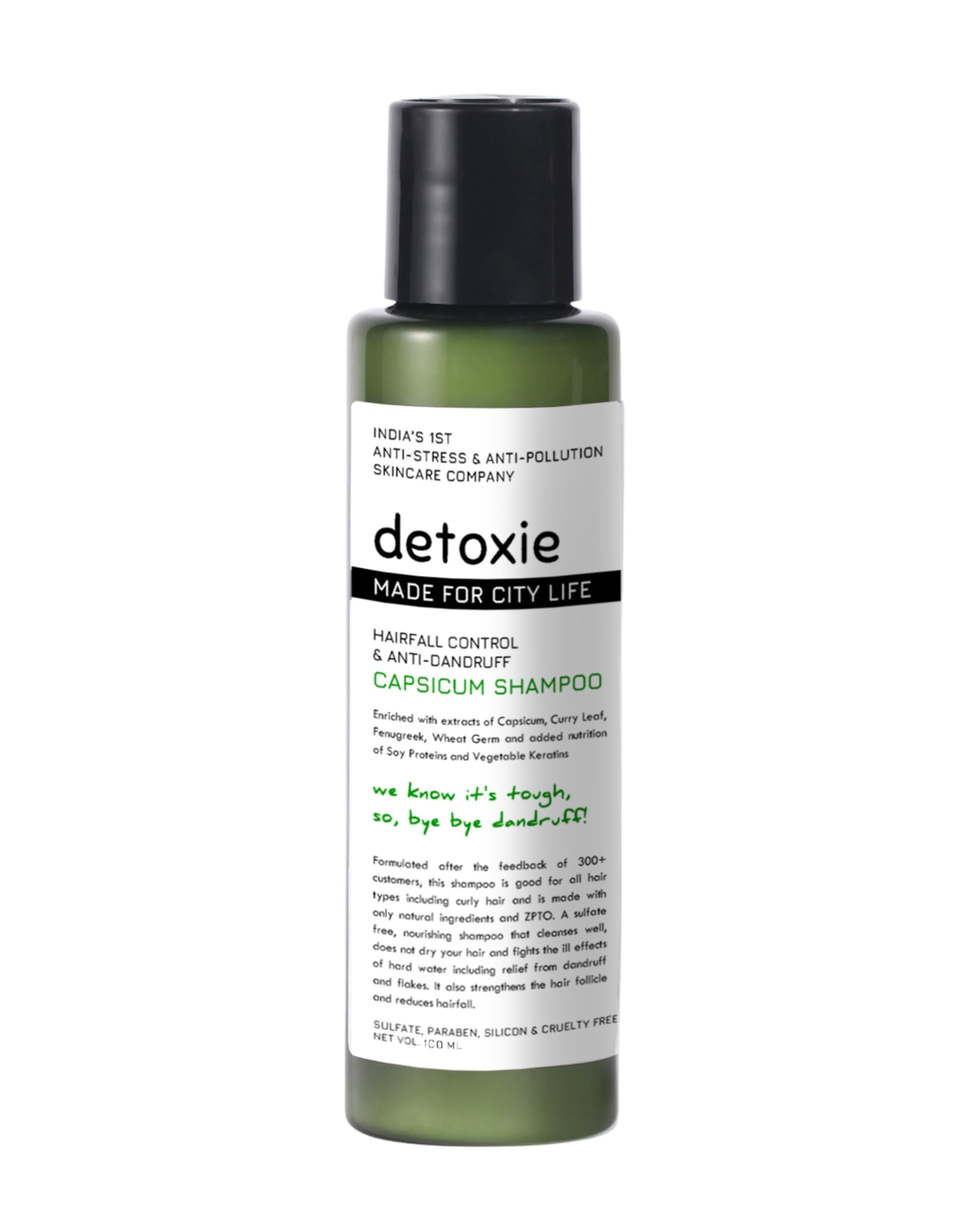 Detoxie Anti-Dandruff Capsicum Shampoo | Natural & Daily Use | Mild Shampoo For All Age Groups & All Hair Types | Capsicum, Methi, Curry Leaf, Veg Keratin & Soy Proteins | 100 ml