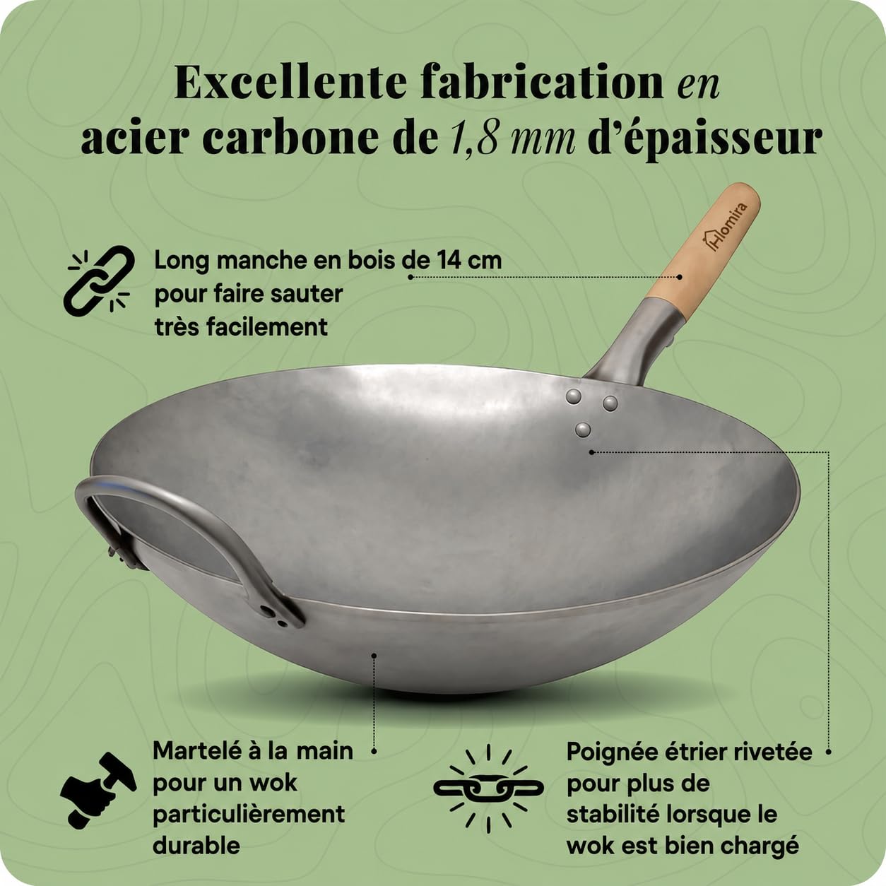 Homira Wok en Acier Carbone de 36 cm, Martelé à la Main, Fond Rond et Manche en Bois – Poêle Wok Traditionnelle sans PFAS pour Gaz, Barbecue, Brûleur à Wok et Cuisine en Extérieur (Fond Rond)
