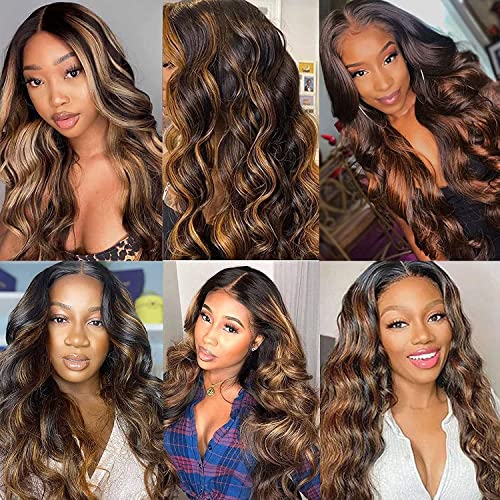Haha Brazilian Human Hair Highlight 4X4 Lace Front Wig Pre Plucked Body Wave Ombre Lace Closure Wig Highlight Brown 150% Density 16 Inch Fb30 Balayage Wigs #TOP6