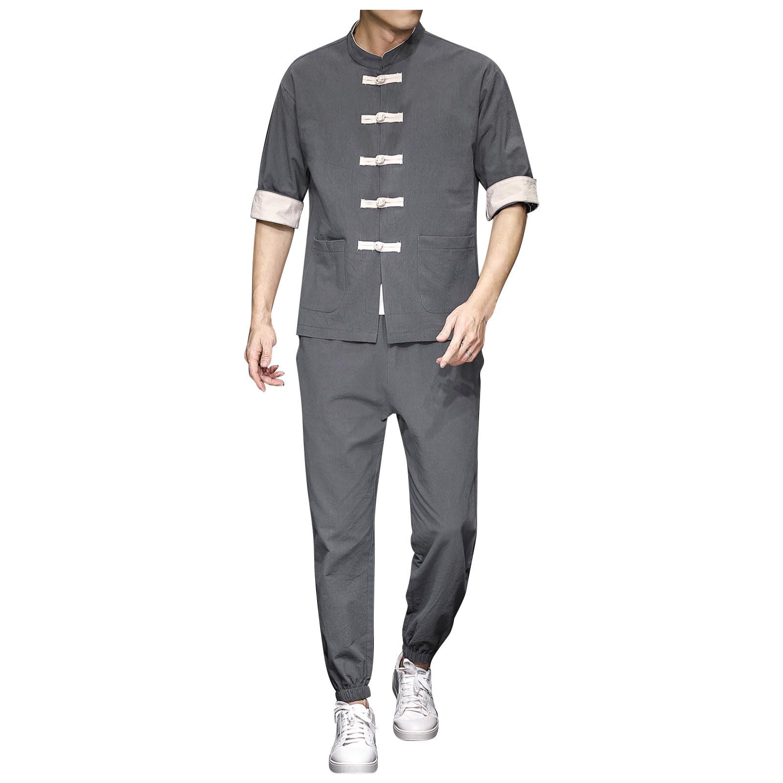 Tuta Tang Uomo Tradizionale Cinese Abbigliamento Arti Marziali Kung Fu Cotone Lino Tai Chi Uniform Kung Fu Vestito Tradizionale Costume Hanfu Camicia Lunga Cappotto Top e Pantaloni