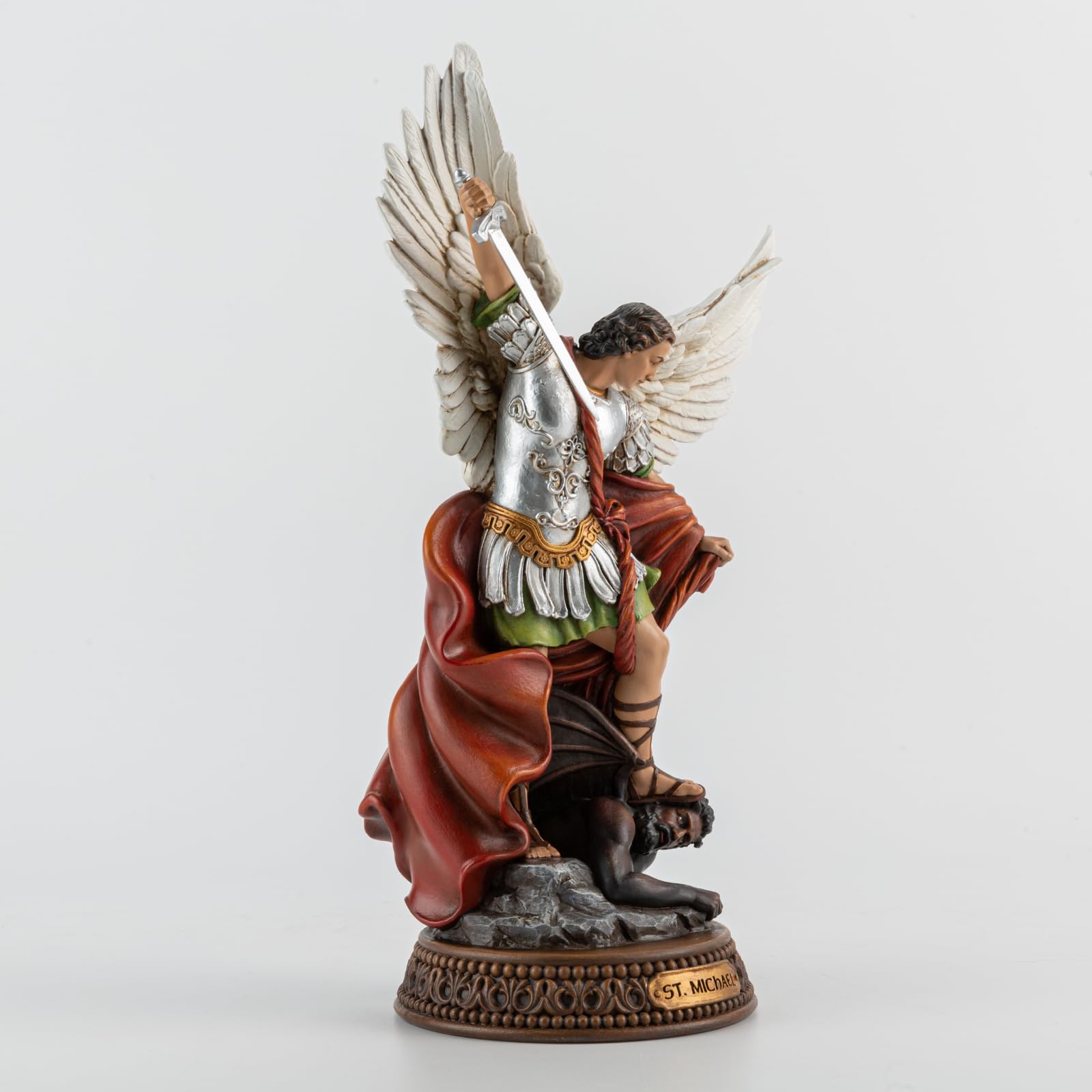 St Michael The Archangel Painted in Full Color,12" H San Miguel The Great Protector Archangel Statue with Wings,St. Archangel Michael Defecting with Satan on Base with Name Plate