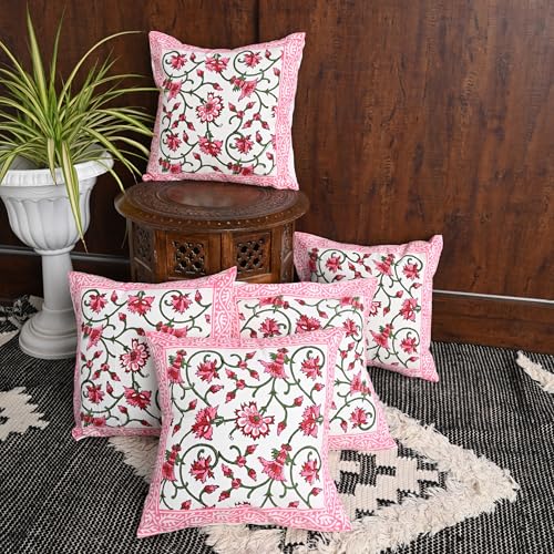Image of Cotton Cushion Covers 16x16 Inch - Hand Block Floral Print Pillow Covers for Sofa, Couch & Bedroom (Pack of 5) (Pink)