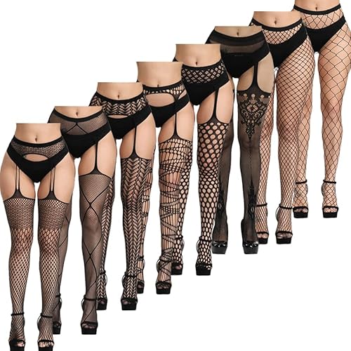 8 Pairs Womens Fishnet Stockings High Waist Patterned Fishnet Tights Fishnet Stockings Suspenders Pantyhose Thigh High Stockings Women Lingerie for Valentine's Dayï¼fishnet stockings