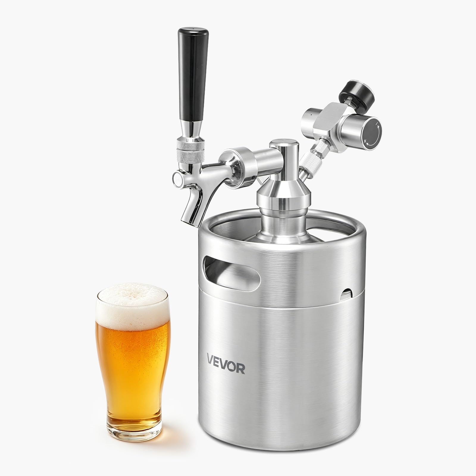 VEVOR Mini Barril Dispensador de Cerveza 1,94 L de Acero Inoxidable 304, Con Regulador de CO₂ y Grifo de Cierre Automático, Compatible con Cartuchos de CO₂ de 16 g (No Incluido), Para Fiesta, Hogar