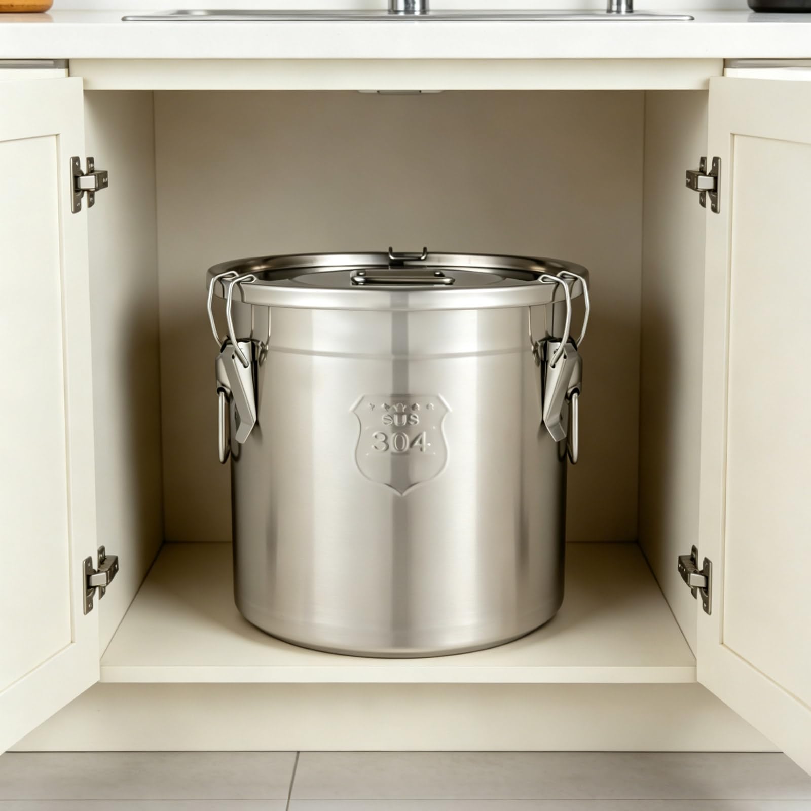 Tanica ermetica in acciaio inox da 21 l, con coperchio, 30 x 30 cm | Con 3 clip e guarnizione in silicone, superficie lucida, fondo piatto, per farina, cereali, tè e spezie