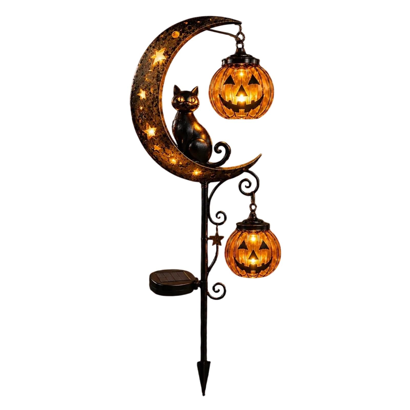 Halloween Solar Garden Stake Light, Black Cat Pumpkin Moon Warm Lantern, Metal Yard Stake Ornament, Party Decorative for Pathway Patio Lawn Decor