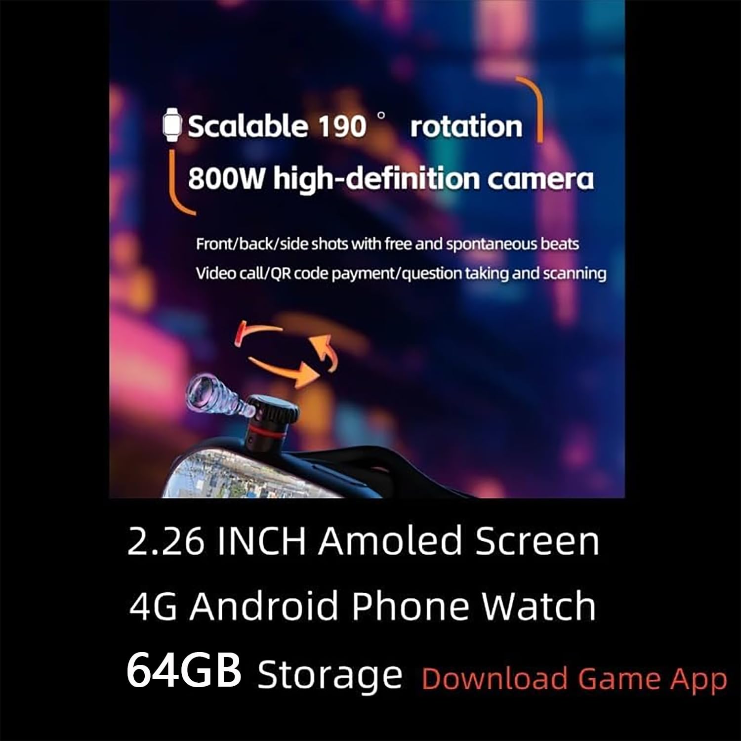 CD99 S16 4G Smart Watch, Orologio Sportivo, 2,26 “AMOLED Grande Schermo Orologio con Fotocamera Rotante di 180 Gradi E 1380mAh Batteria Interna, Rapporto di Risoluzione 490 * 580