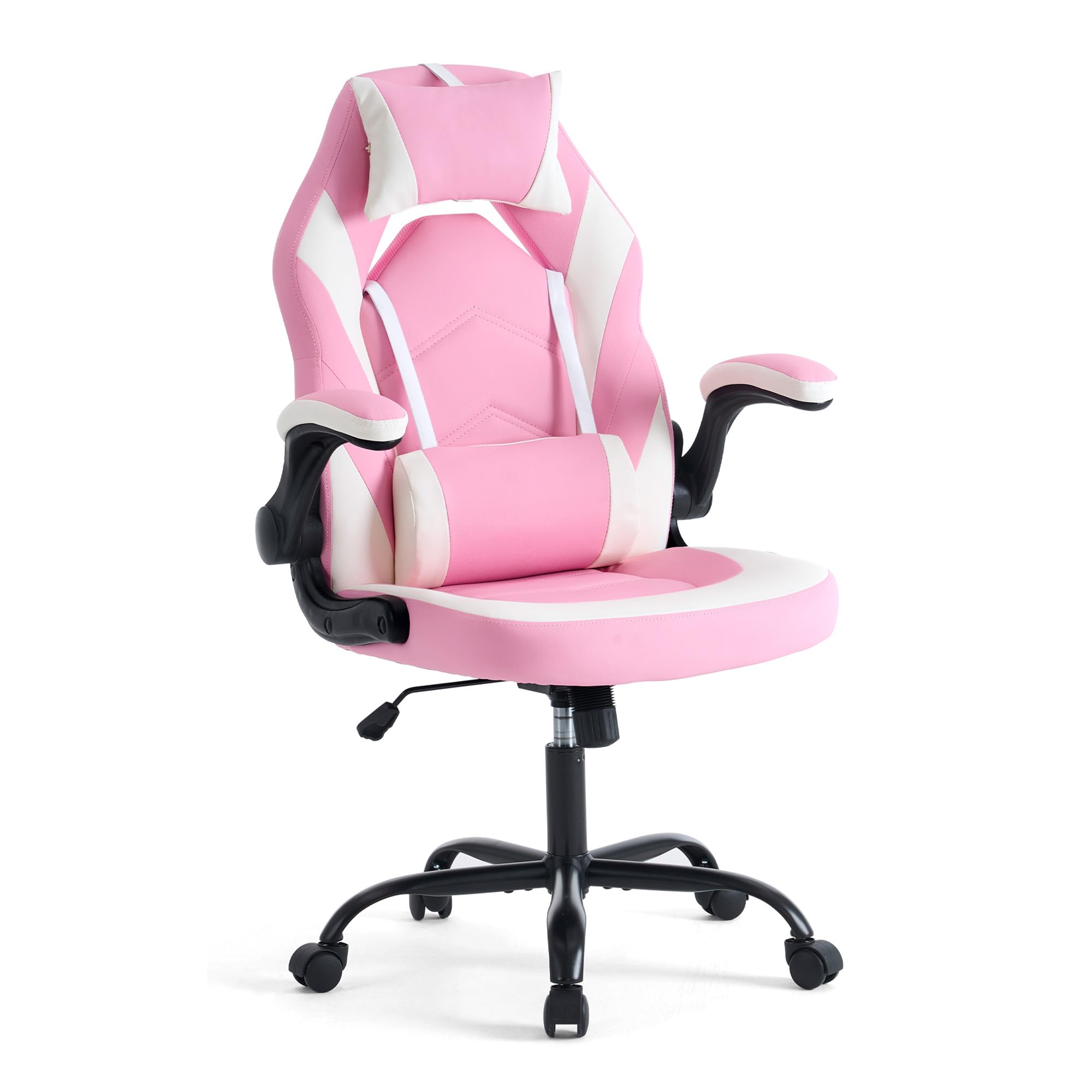 Sweetcrispy Ergonomic Gaming Desk Chair - Computer Video with Comfy Lumbar Support and headrest, PU Leather with Flip-up Arms, Adjustable Height and Swivel Wheels, Home and Office, Pink