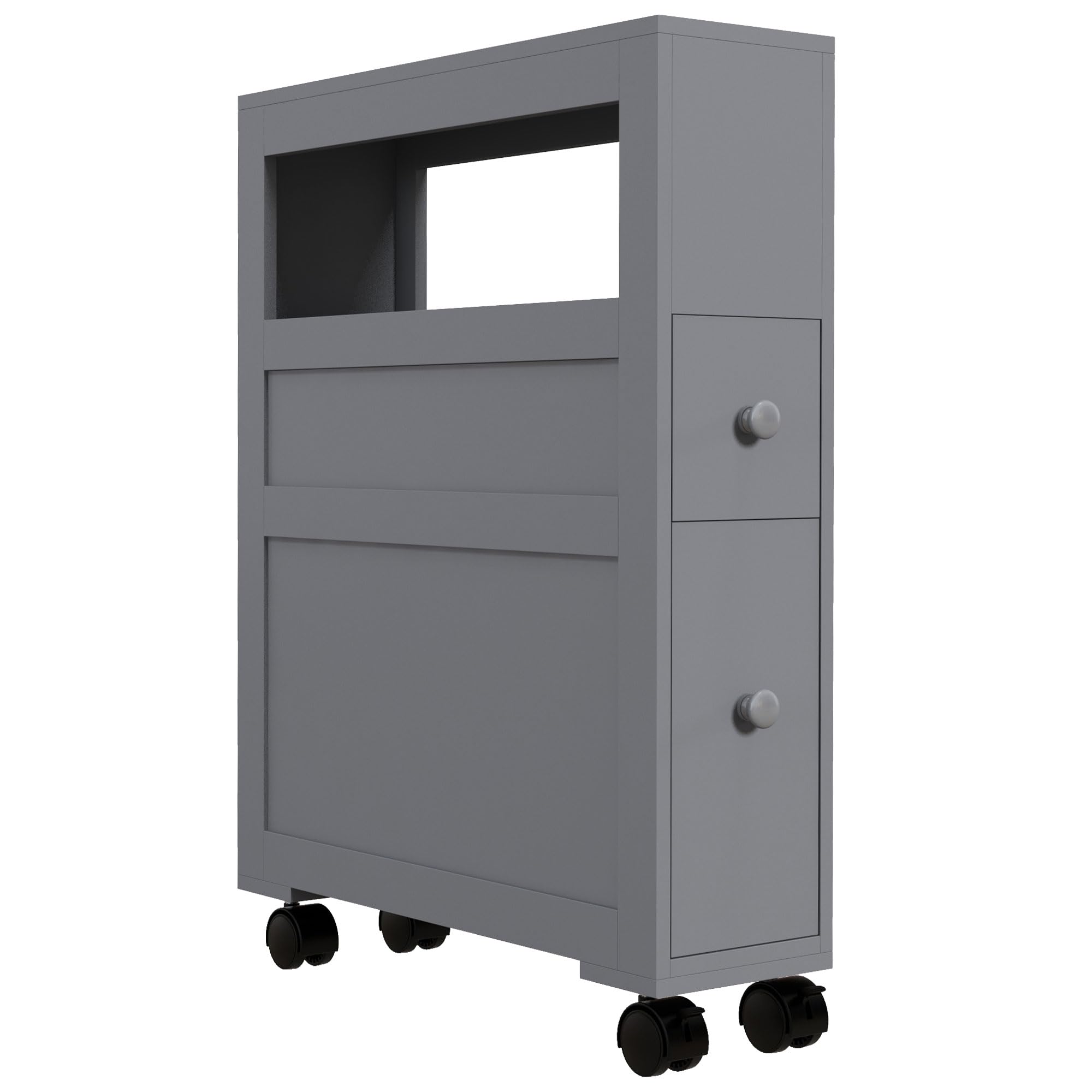 HOMCOM 6.25" x 20.5" x 28.25" Wood Rolling Narrow Bathroom Side Storage Cabinet - Gray