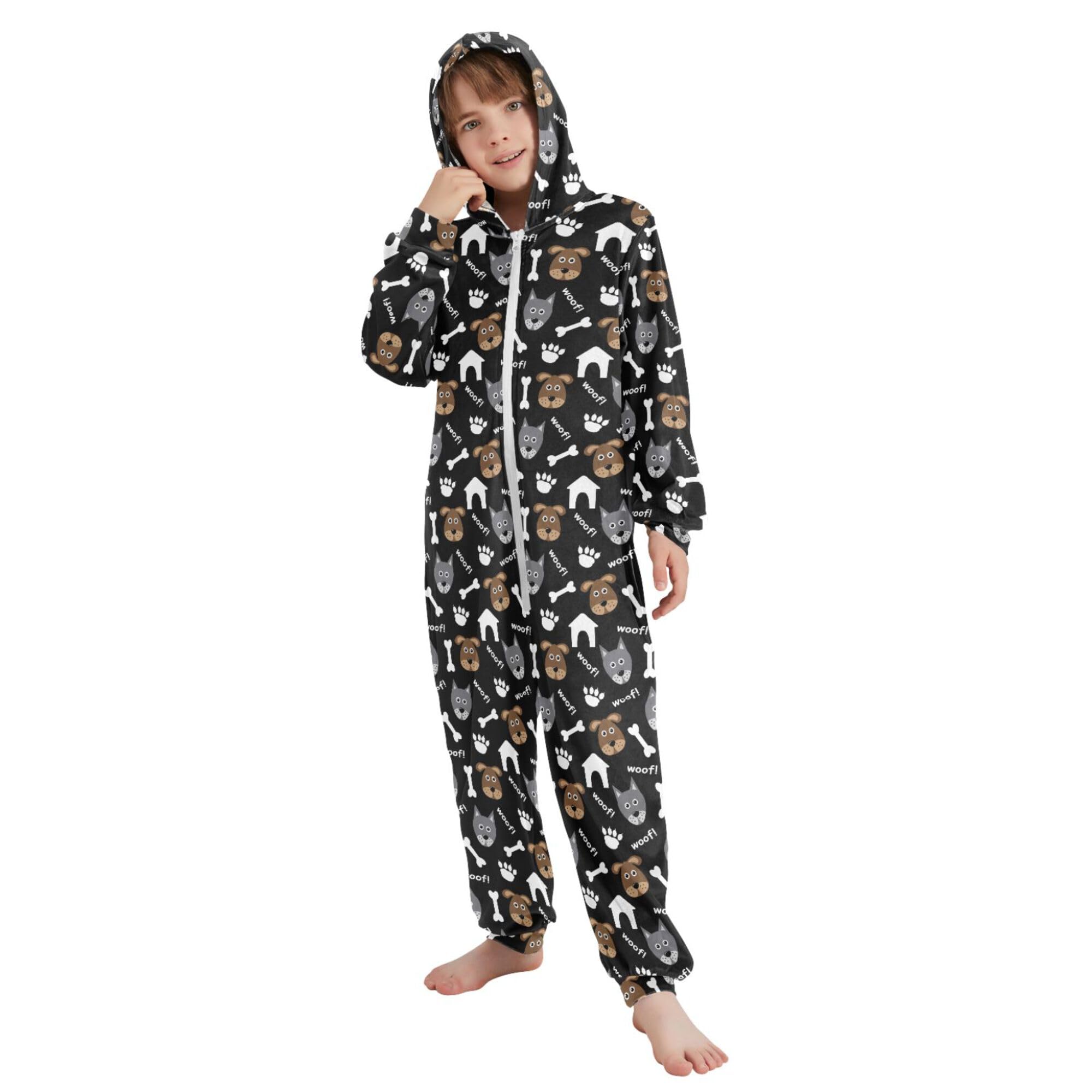 Pigiama intero in flanella con cappuccio e cerniera, tuta coordinata per bambini con cani e ossa, morbida e calda, abbigliamento sportivo per la casa, 5-6T