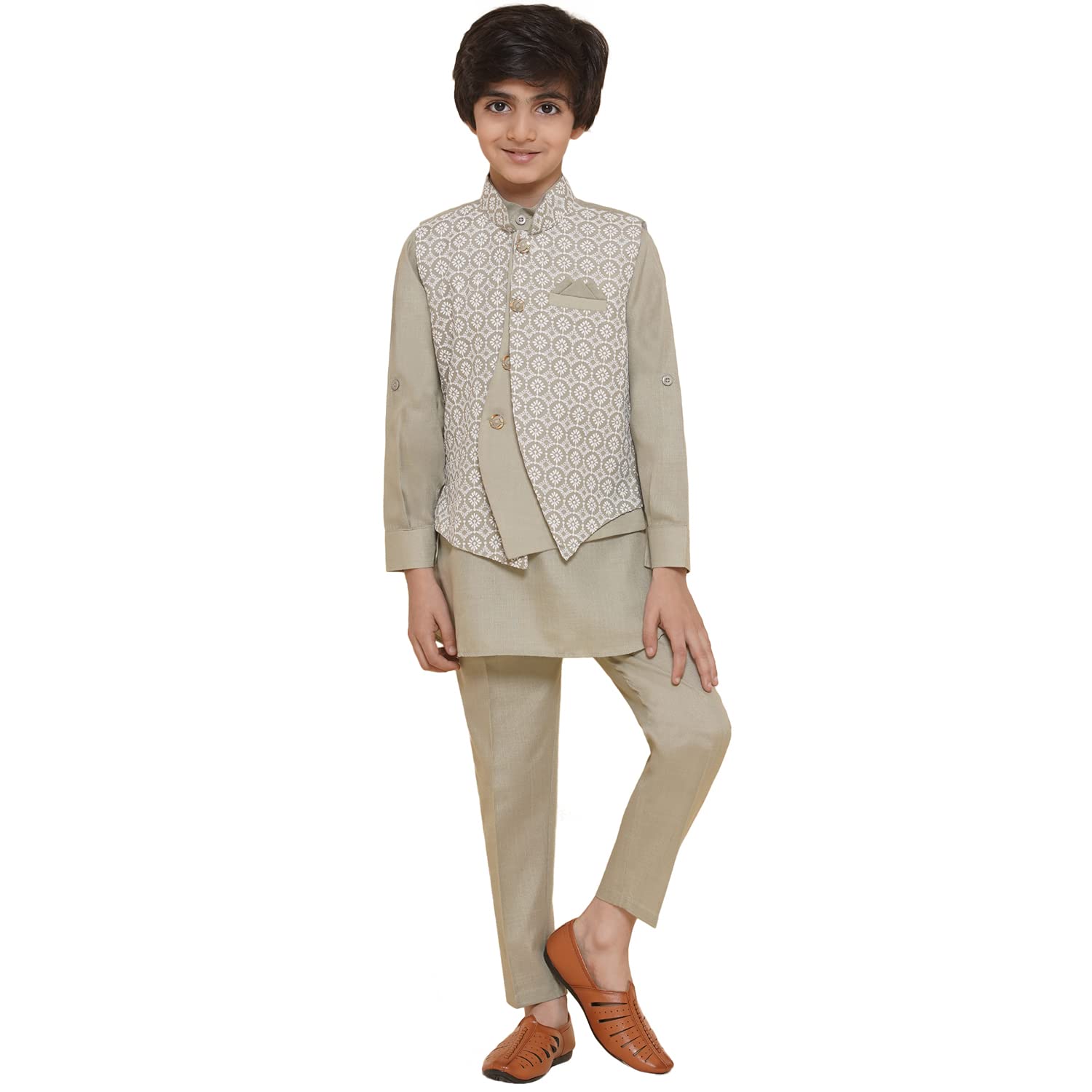 AJ DEZINES Kids Ethnic Wear Cotton Embroidered Thread Work Kurta Pajama Set For Boys With Nehru Waist Coat Jacket