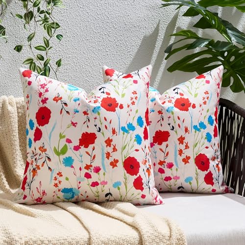Fundas de Cojines 40x40 cm Juego de 2 Jardín Exterior Funda Cojin Decorativos Impermeables para Exterior Adecuadas para Sofá Dormitorio Jardín Sala de Estar con Flores Rojas Dispersas Cushion Covers