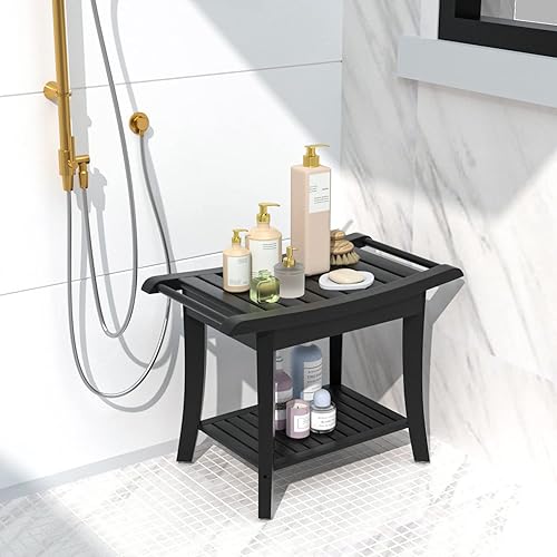 Miniatura 4 de Taburete de ducha de bambú impermeable con estante de almacenamiento para afeitarse las piernas o asiento de baño de spa en el baño y ducha interior