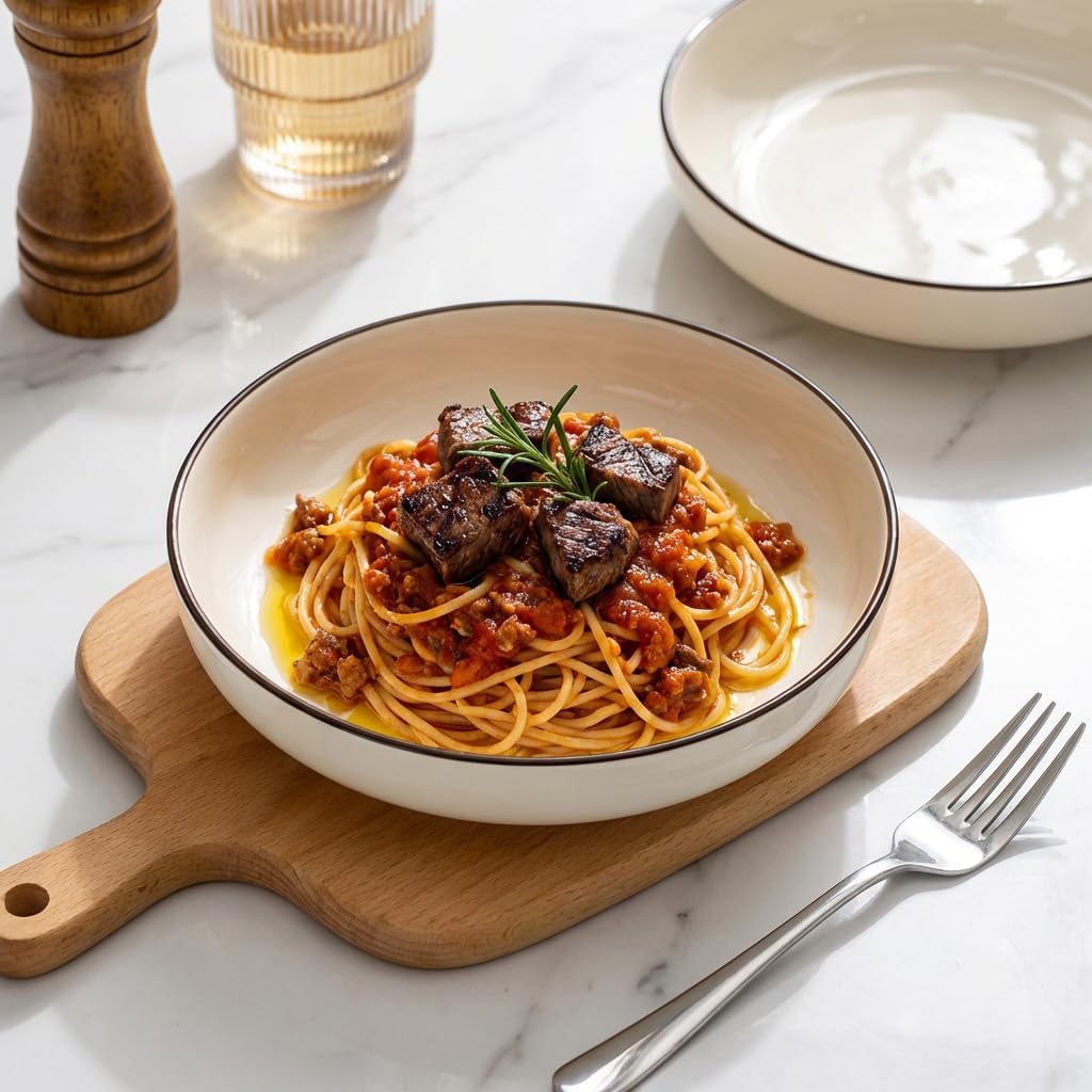 Pasta Bowls Set of 6, 24.5oz Ceramic Salad Bowls, 7.5 inch Shallow Soup Plates for Spaghetti, Dessert and Fruit, Glossy Glazed Serving Dishes with Hand-Painted Rim, Microwave Dishwasher Safe