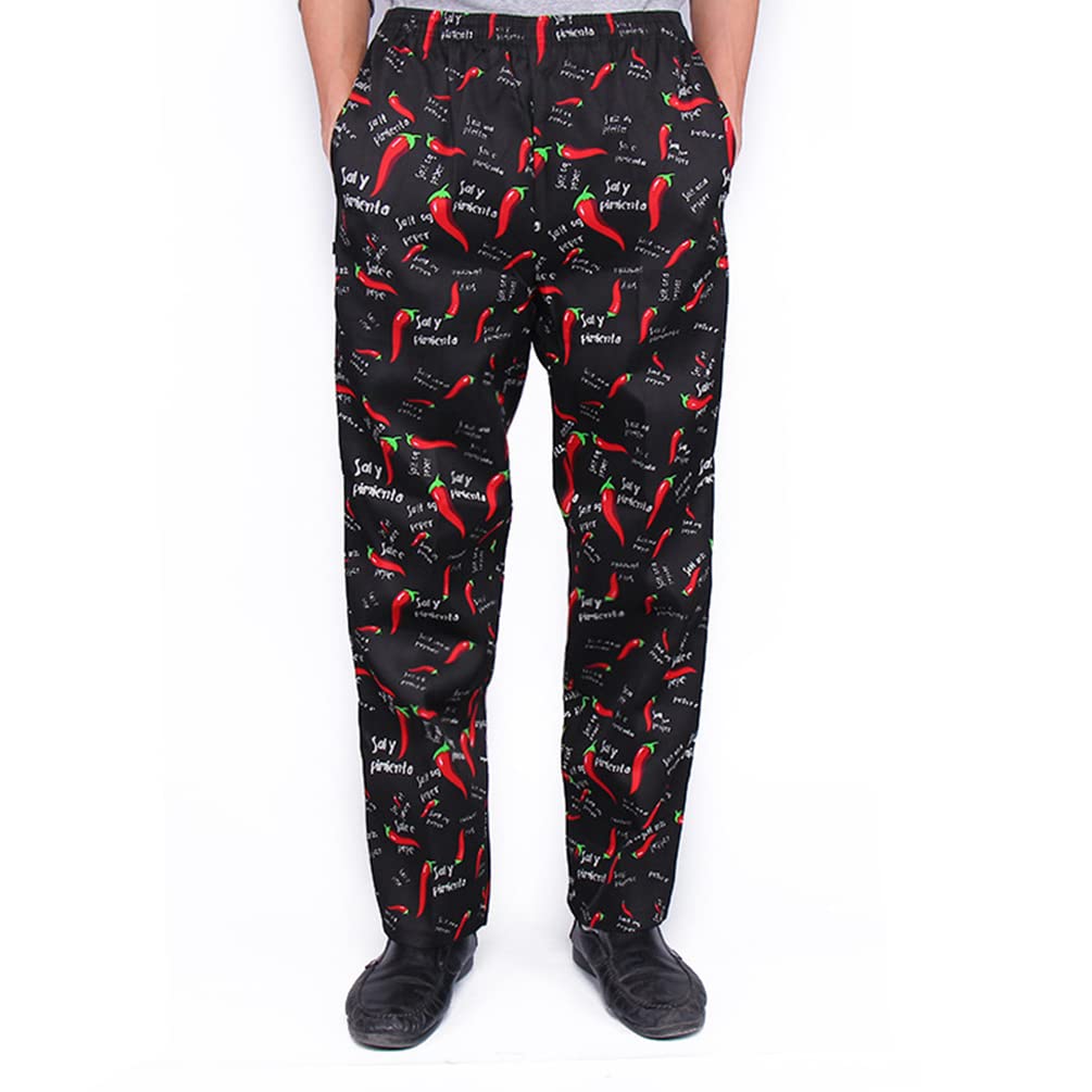 M&Catree Men's Chef Trousers, Drawstring Elastic Waist Kitchen Uniforms Printed Chef Pants - Pepper, 5XL