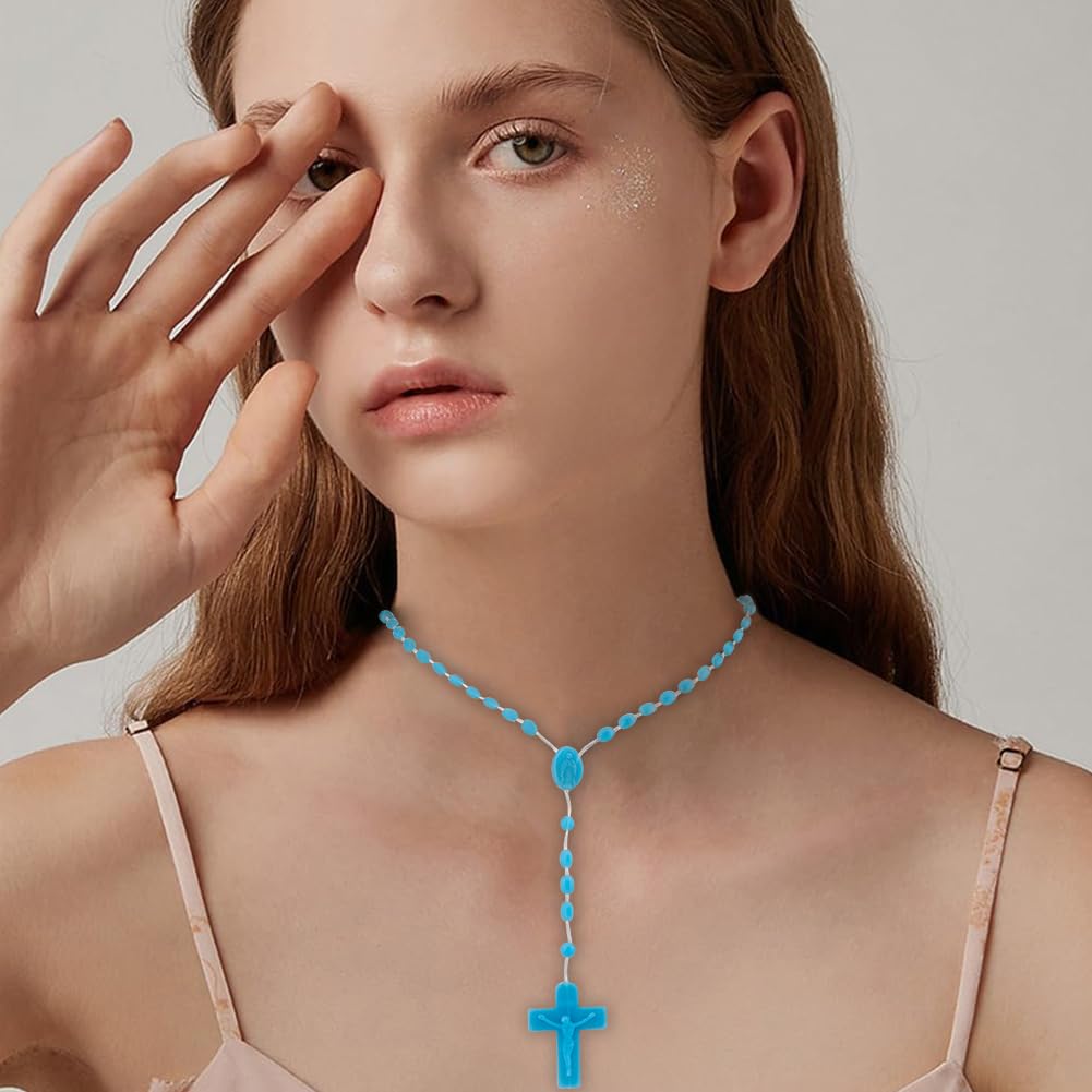 DICOSMETIC 120 collares de cruz a granel en 6 colores, collar de cruz luminoso, collar de cuentas de rosario de plástico que brilla en la oscuridad, collar en Y, joyería de oración para mujeres