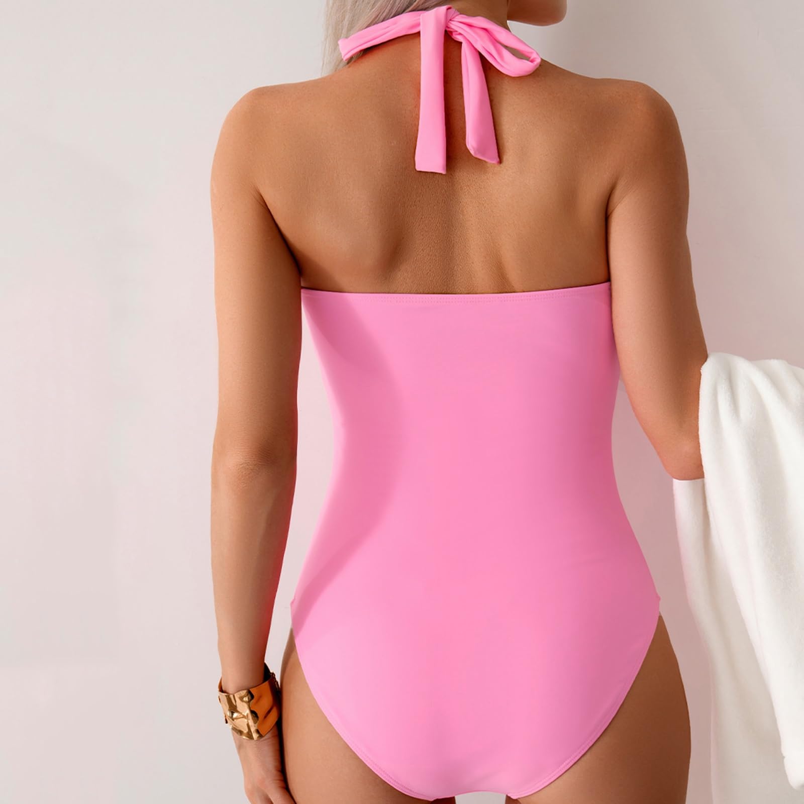 Tirantes Finos Bañador de Una Pieza, Cuello En V Pliegues Laterales Diseño Que Estiliza La Barriga con Lazo En La Espalda, para La Playa y La Piscina