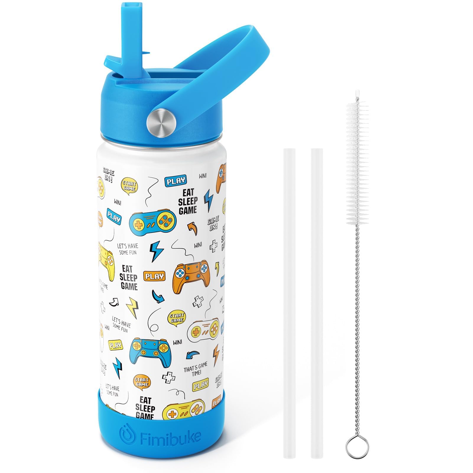 Fimibuke Kids Insulated Water Bottle, 18oz BPA FREE 18/8 Stainless Steel Kids Cup with Straw Travel Tumbler Double Wall Vacuum Leak Proof Toddler Water Bottle for School Boys Girls(1 Pack, Game)