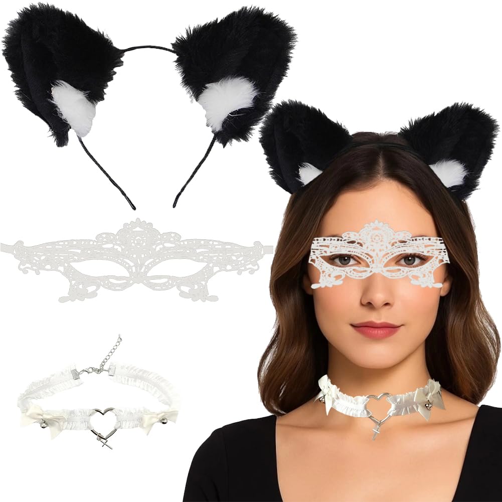 LGWJHCY Lace Masquerade Costume Jewellery Set, Halloween Sexy Lace Costume for Women Cat Ears Headband White Masquerade Mask Classic Gothic Choker Necklace
