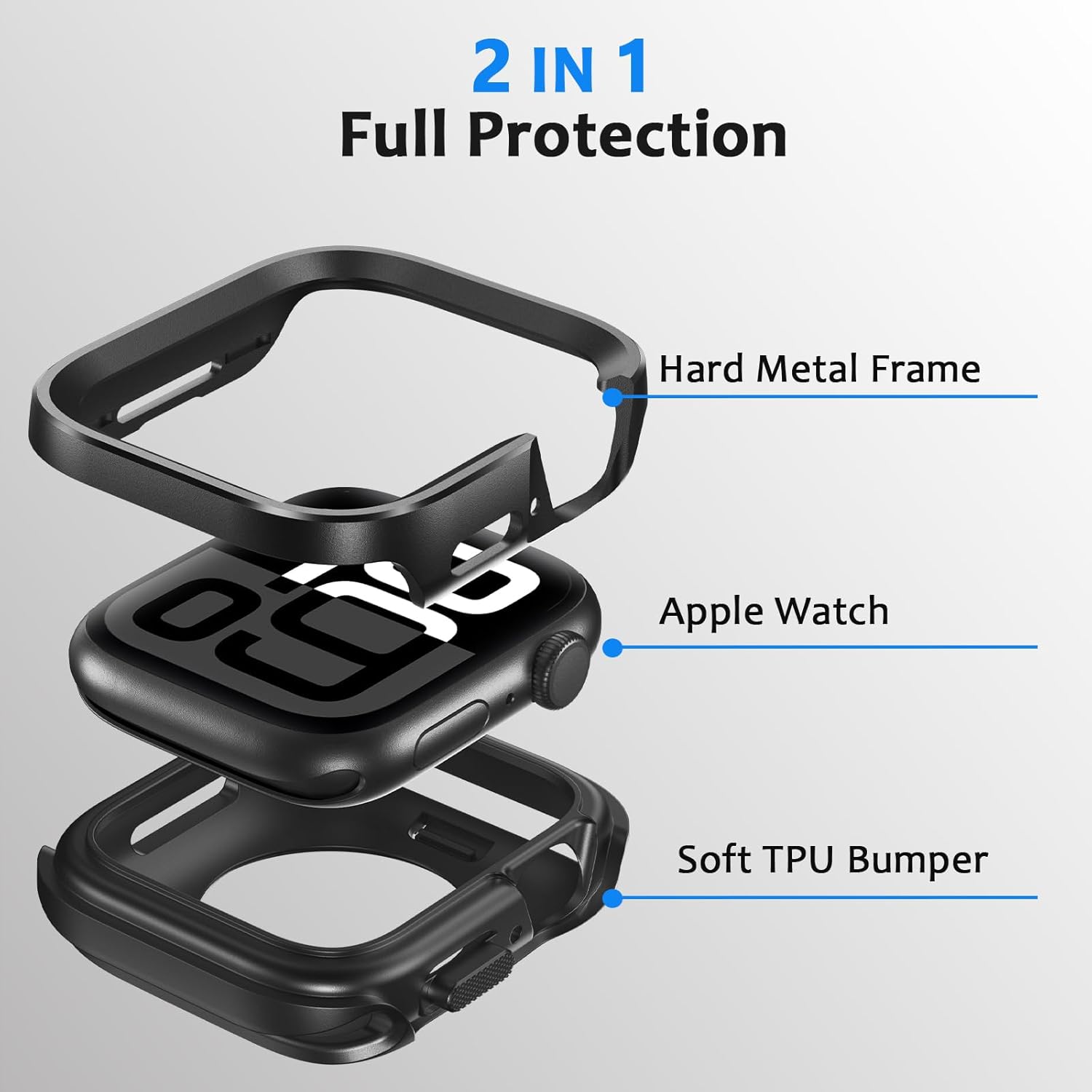 Metal Case Compatible with Apple Watch Case Series 11/10 46mm, 2 in 1 Rugged Protective Silicone Bumper Cover Compatible with iWatch 46mm (Black)