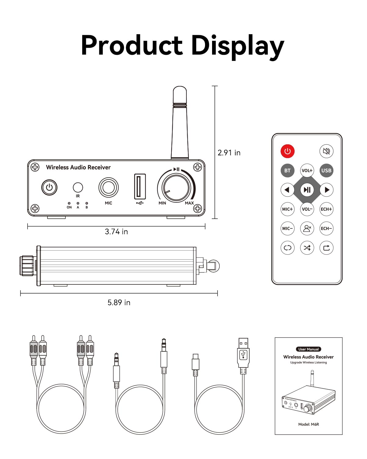 Receptor Bluetooth 6.0, inalámbrico Bluetooth de largo alcance, baja latencia para sistemas estéreo de transmisión de audio en casa, música, con AUX de 3.5 mm/RCA, reproducción de unidad flash USB y