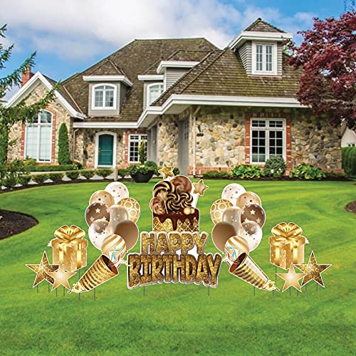 VictoryStore Yard Decorations: Birthday Yard Card Greeting, 12 pieces, Waterproof, Includes Steel Stakes (Gold Sparkle 19478)