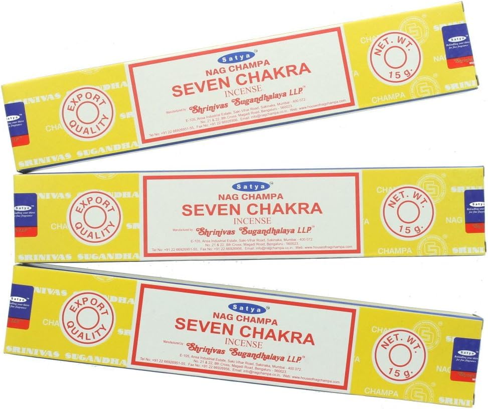 Satya Nag Champa Seven Chakra 100% Natural incense Sticks | 3 Packs | Handmade Incense Sticks | Used for Stress Relief, Spiritual Decor, Smudging and Meditation