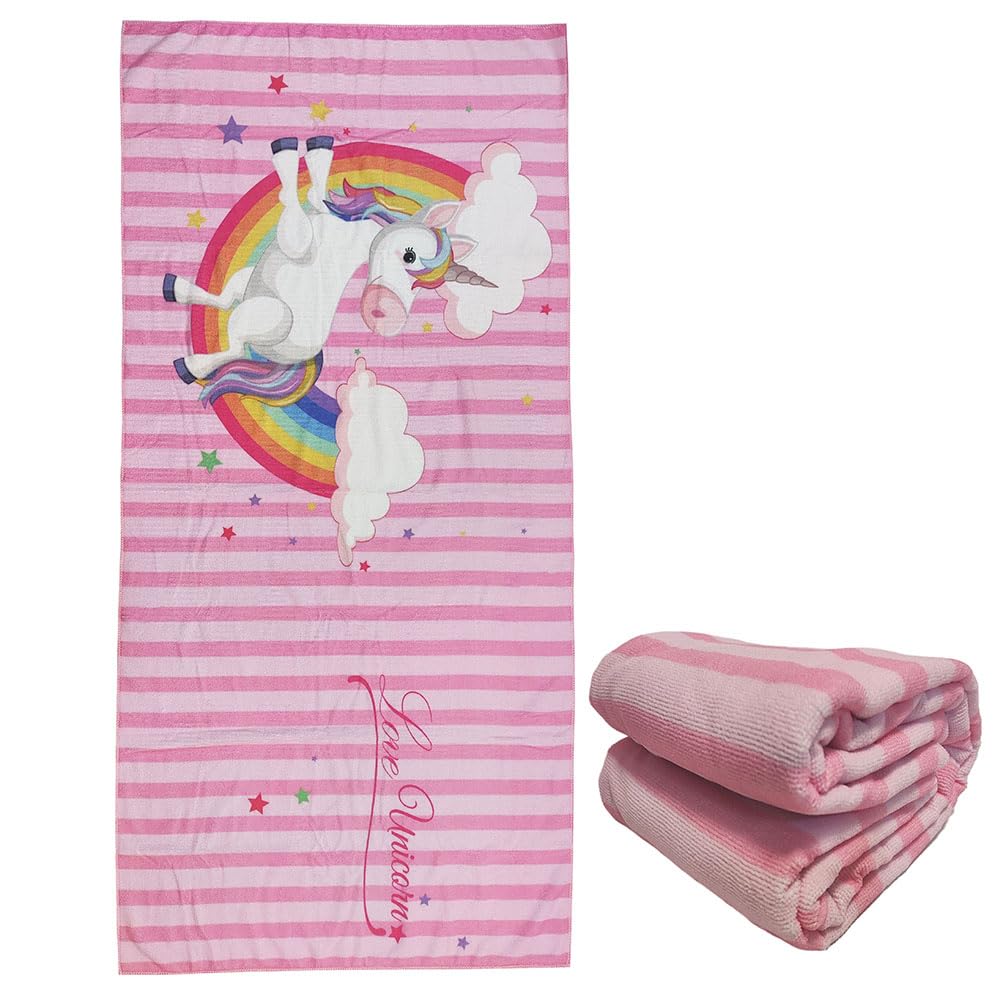 stampringt Extra Large Cute Pink Stripe Unicorn Beach Towels for Adult Girls, Big Oversized Thick Microfiber Terry Cloth Sandproof Quick Dry 30 x 60