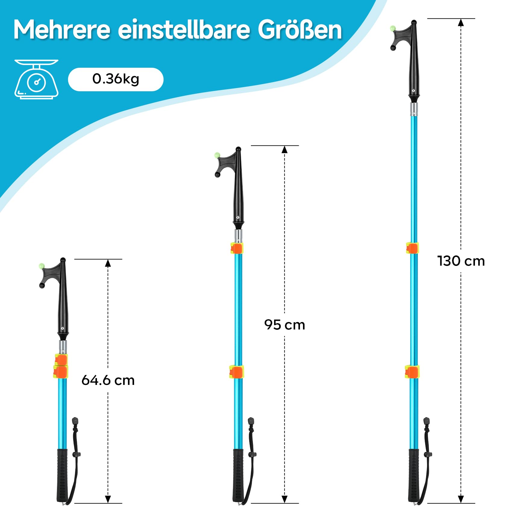 KOMCLUB Teleskop Bootshaken Aluminium | Auffällig leuchtendes Design, Auch bei Dämmerung sofort sichtbar, leicht & seewasserfest