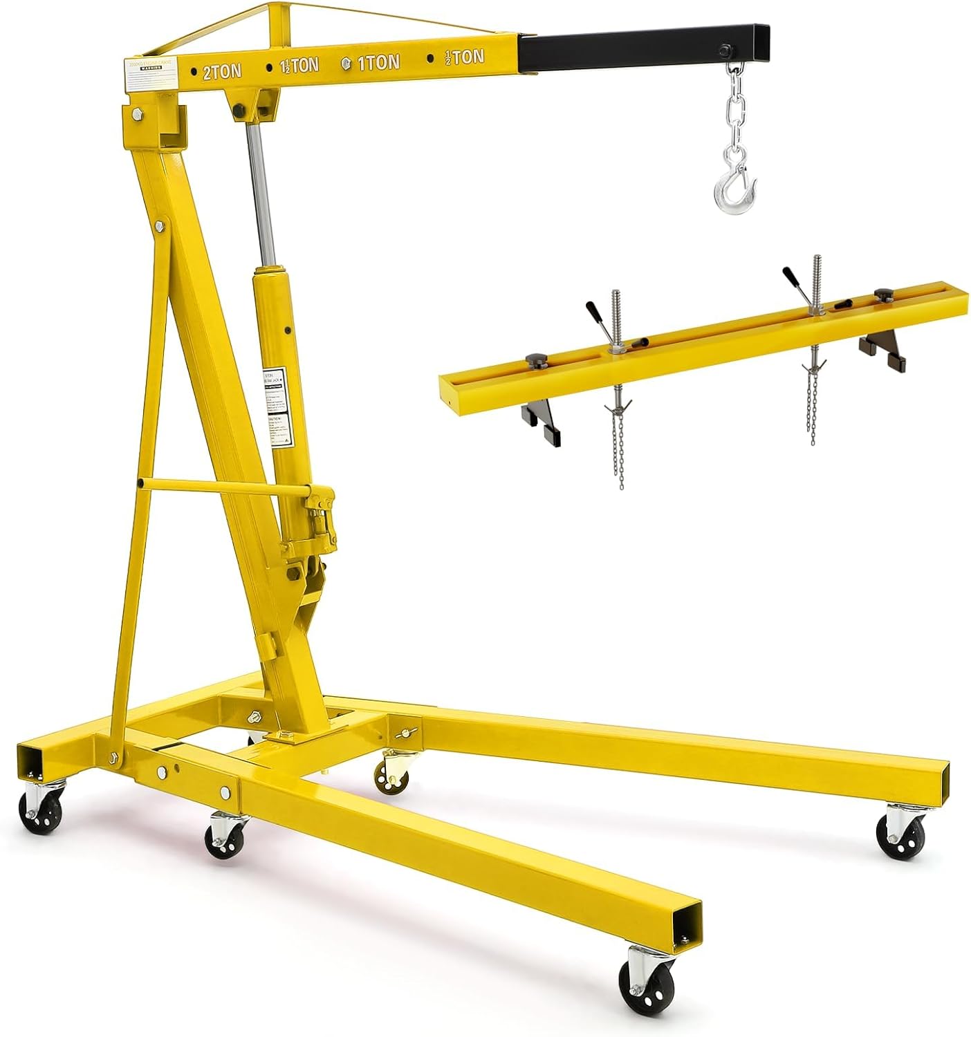 2 Ton Folding Hydraulic Engine Hoist with 59 in Load Leveler 4400 LBS Capacity Heavy Duty Cherry Picker 6 Swivel Wheels,Engine Support Bar 1100 LBS Capacity for Garage Workshop Warehouse Black