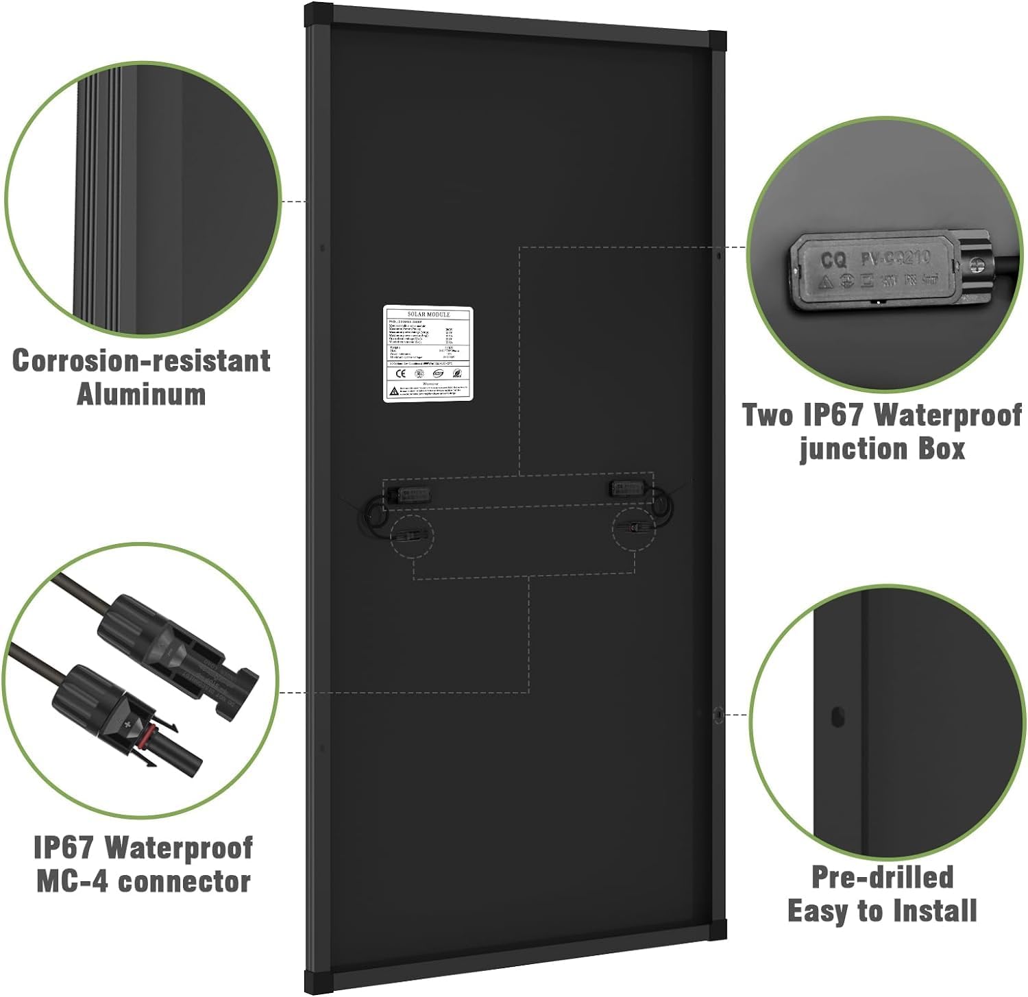 Back of the solar panel showing IP67 waterproof junction box and MC4 connectors