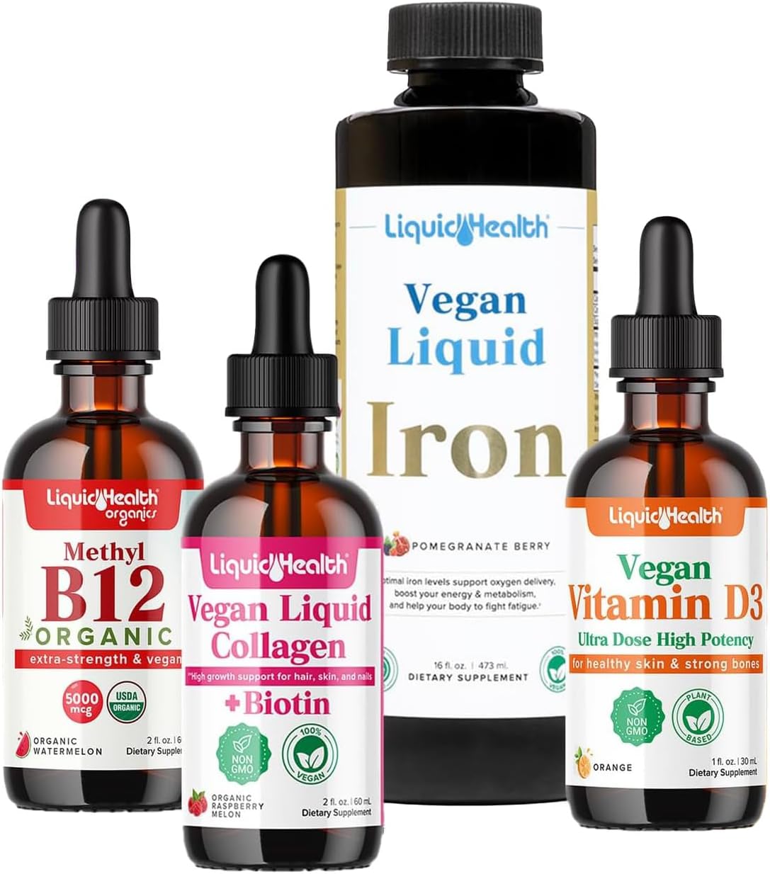 LIQUIDHEALTH Vegan Daily Essentials Vitamin Starter Kit with Organic Methyl B12 Drops, Vegan Liquid Collagen + Biotin, Vegan Liquid Iron, Vegan Vitamin D3 Drops - 100% Plant-Based Vitamins Made in USA