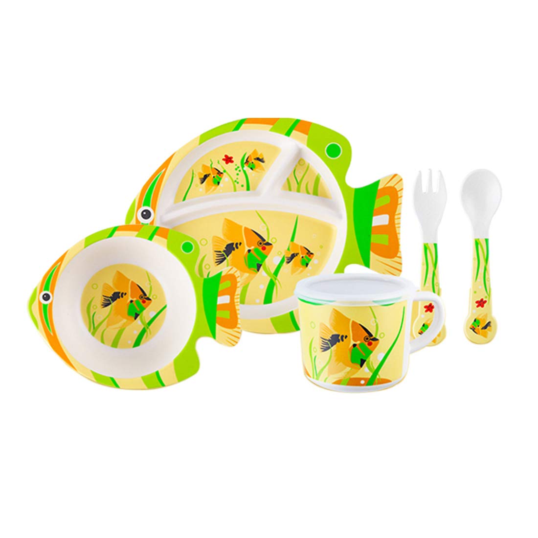 TD HOME Cartoon Children Dinnerware Set Bamboo Fiber Toddler Dinner Set 5 piece Baby Feeding Plate Set (Yellow fish)