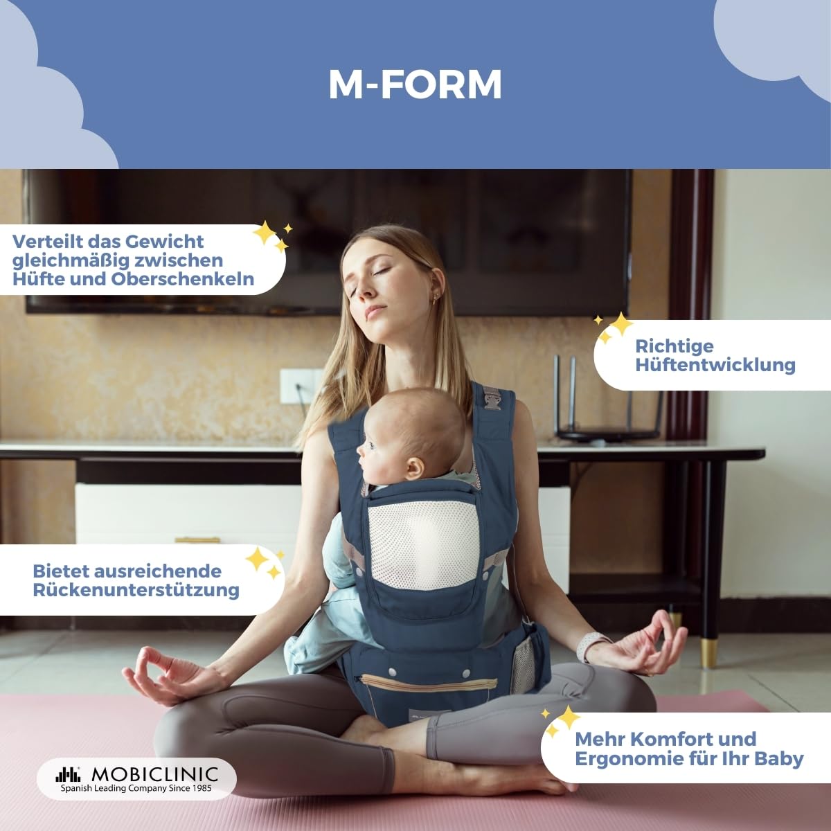 Mobiclinic® kids, Babytrage, 6 in 1, Moley, Mehrpositionale, Faltbar, Reißverschlusstasche, Flaschenhalter, Weiches premium-baumwolle, 0-36 monate, Für neugeborene und kinder (marineblau)