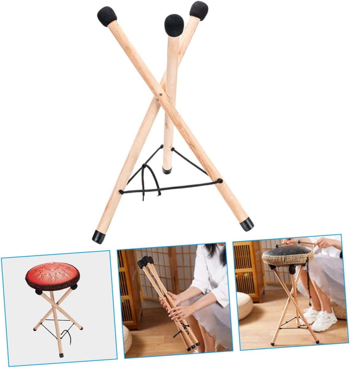 ibasenice Wooden Tongue Drum Holder Tripod Stand Floor Bracket for Hand Pan Drums Stable Support for Beginners and Professionals Lightweight Design for Easy Carrying and Storage
