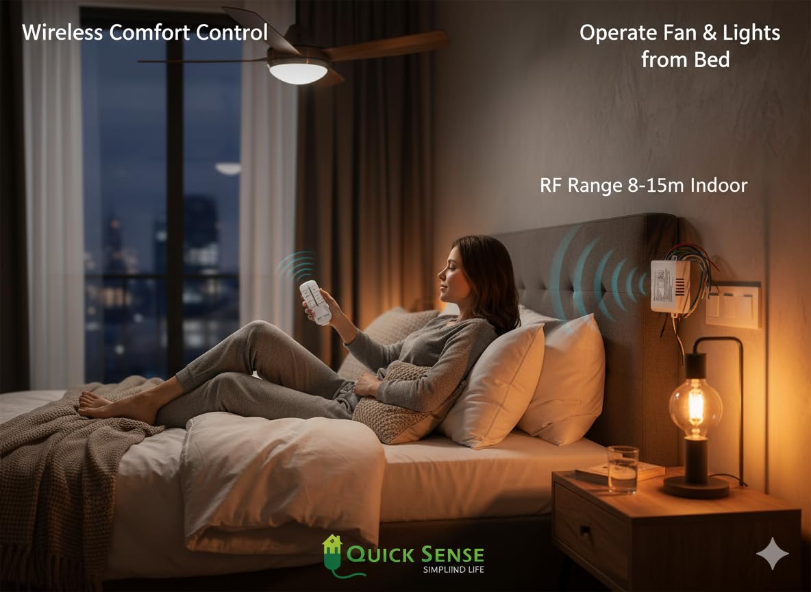 Quick Sense (QS-RF01) 4-Way RF Remote Control Switch – Wireless Remote Operated Light & Fan Controller, Standard Size Smart Switch for Home, Office & Automation 1