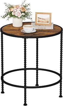 YINMIT Round Side Table, Wood End Table with Metal Frame, Modern Nightstand | 19.7" Sofa Side Tables with Adjustable Feet, Vintage Spindle Design, Corner Accent Table for for Bedroom, Office, Balcony