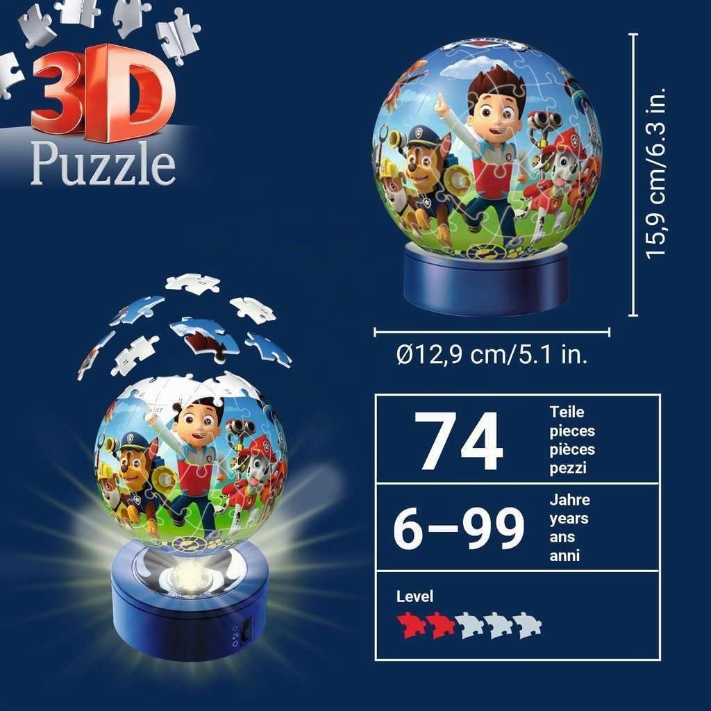 Ravensburger - Puzzle 3D Ball illuminé - Pat'Patrouille - A partir de 6 Ans - 72 pièces numérotées à Assembler sans Colle - Socle Lumineux Inclus - 11842