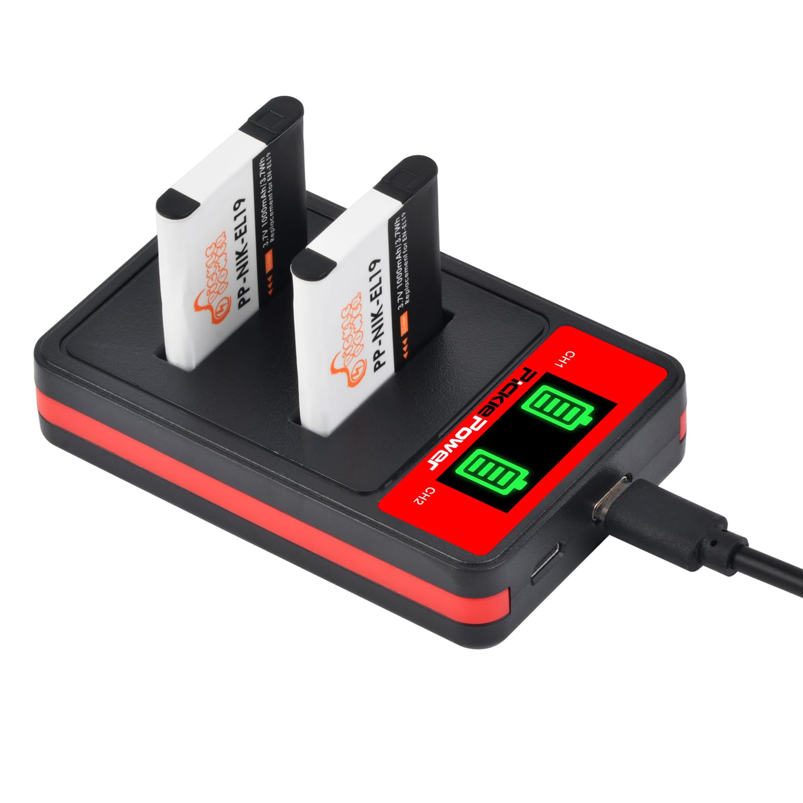 Pickle Power 2X EN-EL19 Batería & LED Doble Cargador para Coolpix S32 S33 S100 S2500 S2800 S3100 S3200 S3500 S3600 S4100 S5200 S6500 S6600 S6800 S6900