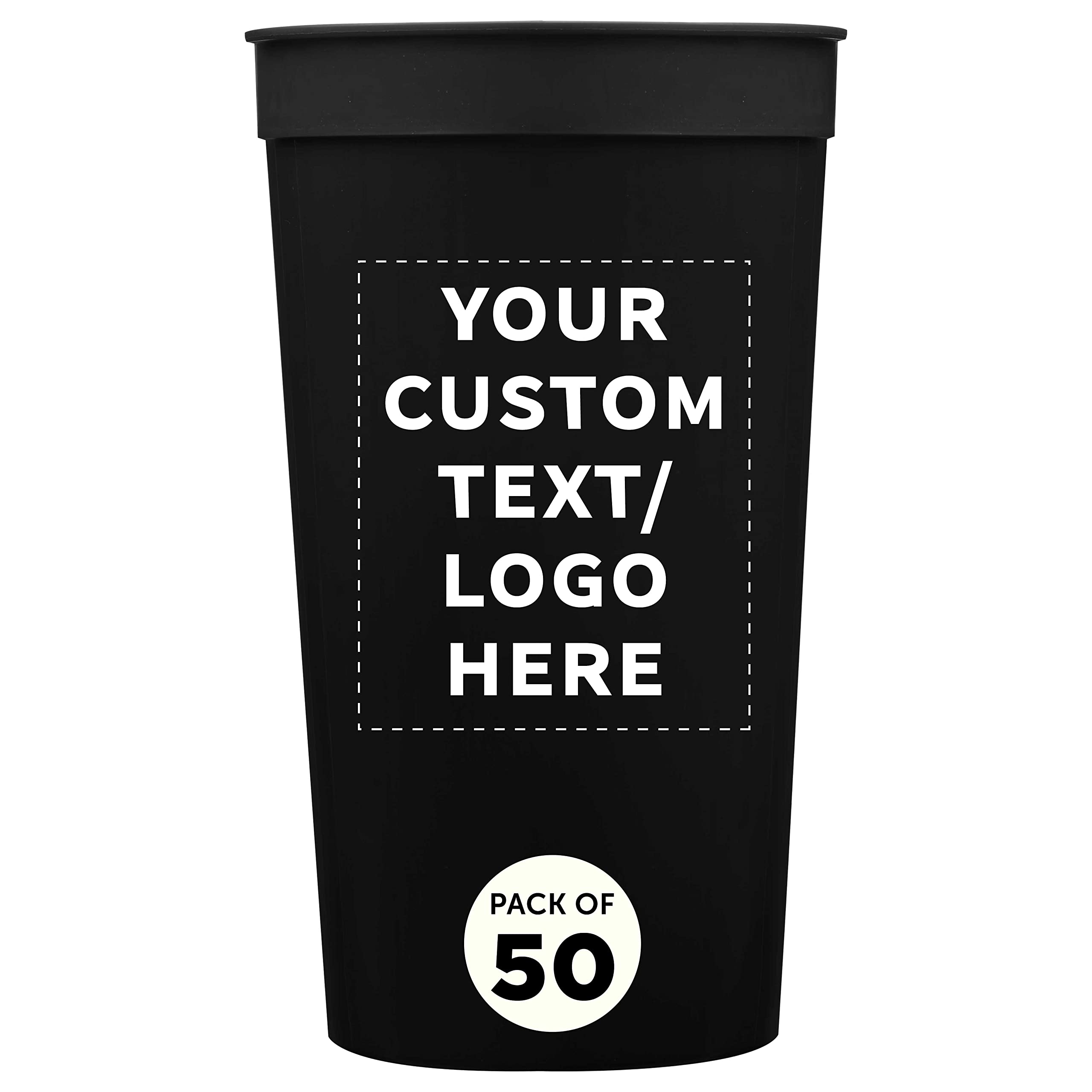 Custom Plastic Stadium Cups 32 oz. Set of 50, Personalized Bulk Pack - Perfect for Summer, Sporting Events, Birthdays, Picnic, Beach, Parties - Black