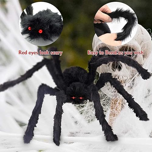 Miniatura 5 de Decoraciones de araña de Halloween, telaraña de 220 pulgadas + araña gigante de 60 pulgadas, telarañas elásticas de 300 pies cuadrados, 25 arañas